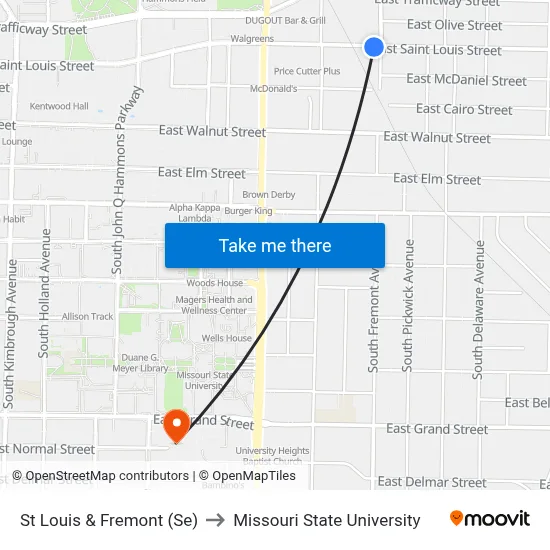 St Louis & Fremont (Se) to Missouri State University map