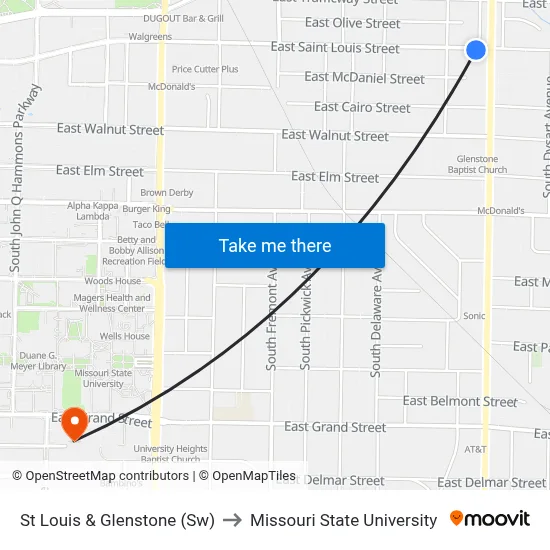 St Louis & Glenstone (Sw) to Missouri State University map