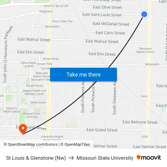 St Louis & Glenstone (Nw) to Missouri State University map