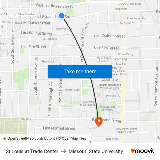 St Louis at Trade Center to Missouri State University map
