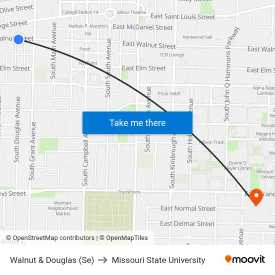 Walnut & Douglas (Se) to Missouri State University map