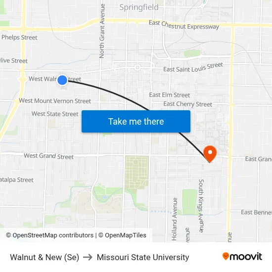 Walnut & New (Se) to Missouri State University map