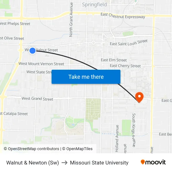 Walnut & Newton (Sw) to Missouri State University map