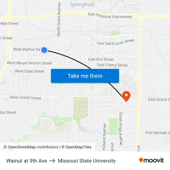 Walnut at 9th Ave to Missouri State University map