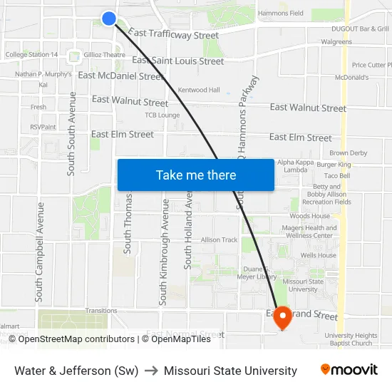 Water & Jefferson (Sw) to Missouri State University map