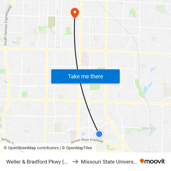 Weller & Bradford Pkwy (Se) to Missouri State University map