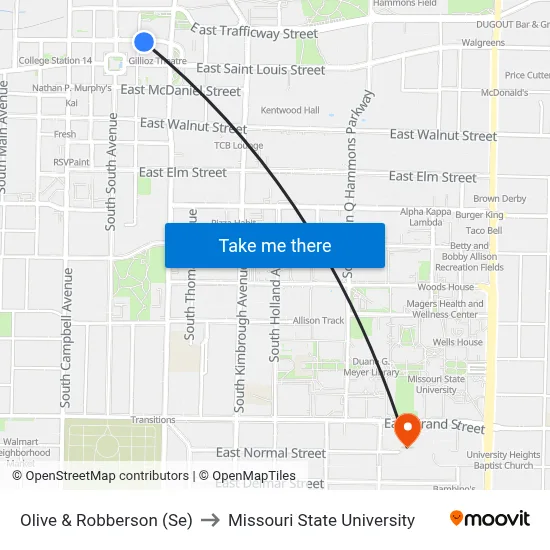 Olive & Robberson (Se) to Missouri State University map