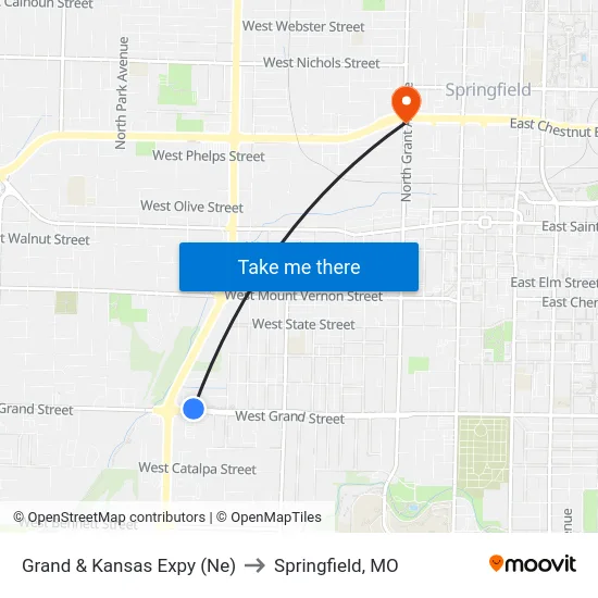 Grand & Kansas Expy (Ne) to Springfield, MO map