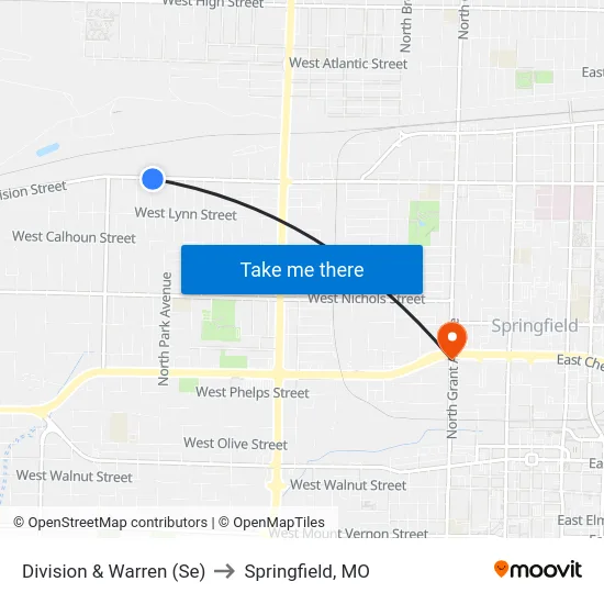 Division & Warren (Se) to Springfield, MO map