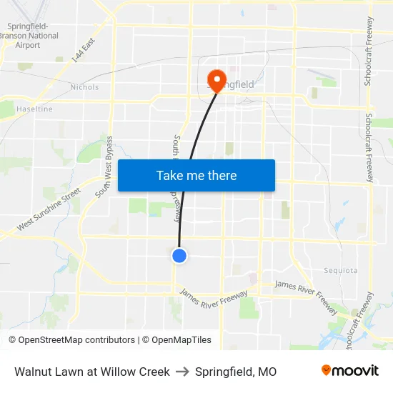 Walnut Lawn at Willow Creek to Springfield, MO map