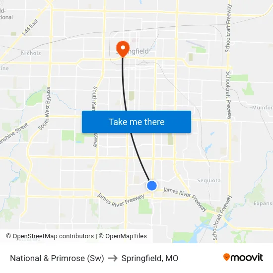 National & Primrose (Sw) to Springfield, MO map