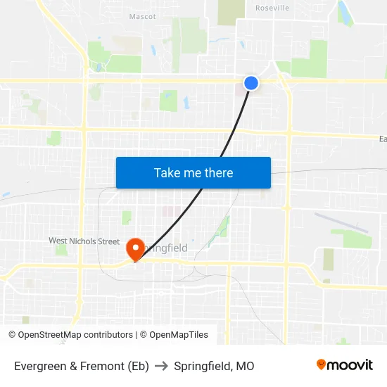 Evergreen & Fremont (Eb) to Springfield, MO map