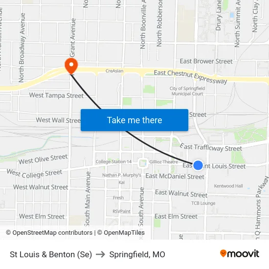 St Louis & Benton (Se) to Springfield, MO map