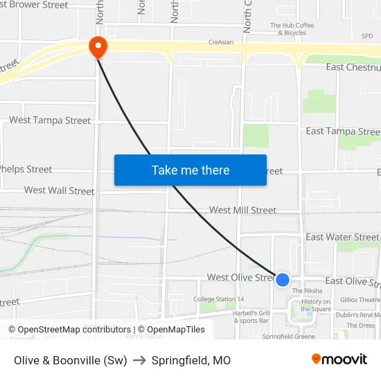 Olive & Boonville (Sw) to Springfield, MO map