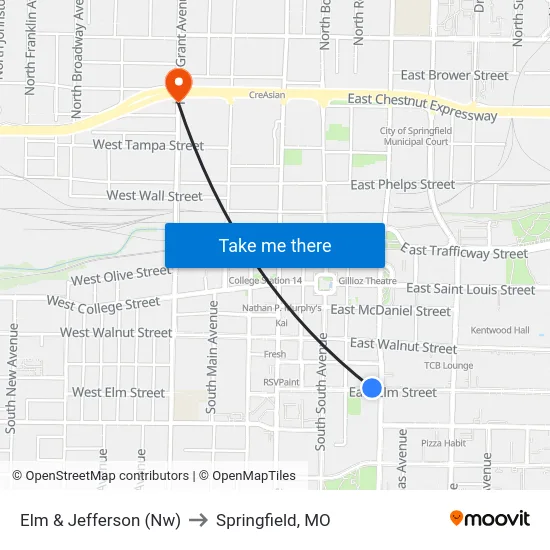 Elm & Jefferson (Nw) to Springfield, MO map