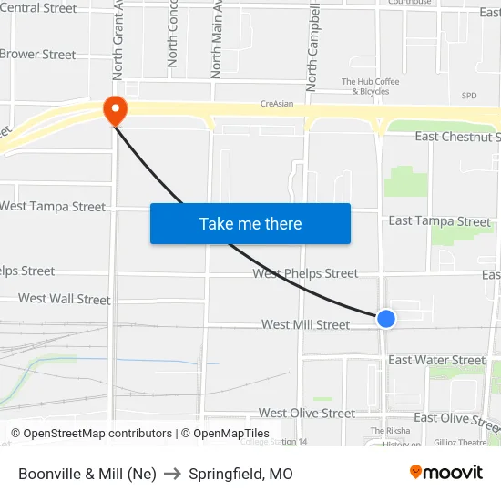 Boonville & Mill (Ne) to Springfield, MO map