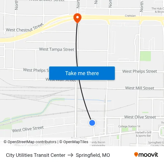 City Utilities Transit Center to Springfield, MO map