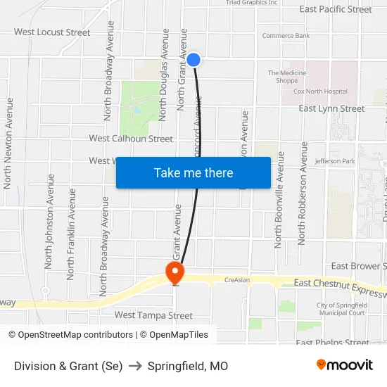 Division & Grant (Se) to Springfield, MO map