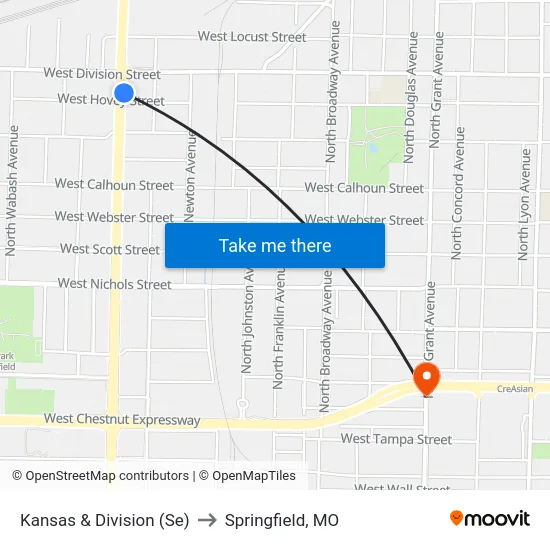 Kansas & Division (Se) to Springfield, MO map