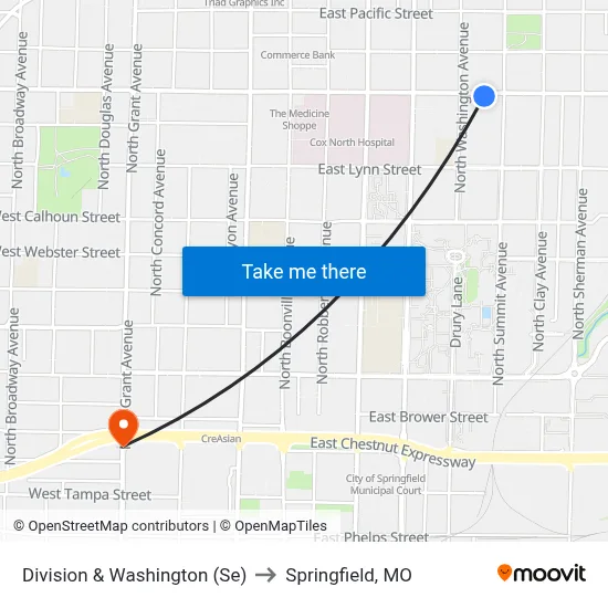 Division & Washington (Se) to Springfield, MO map