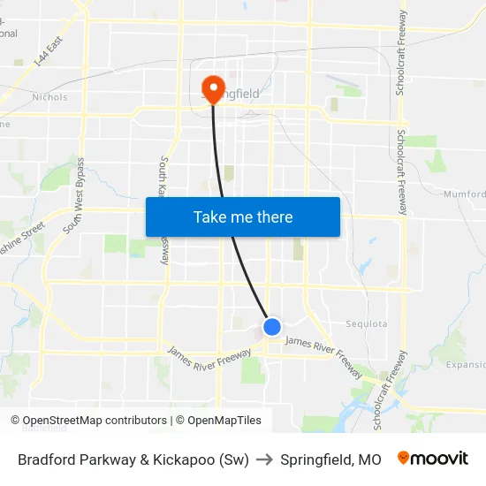 Bradford Parkway & Kickapoo (Sw) to Springfield, MO map