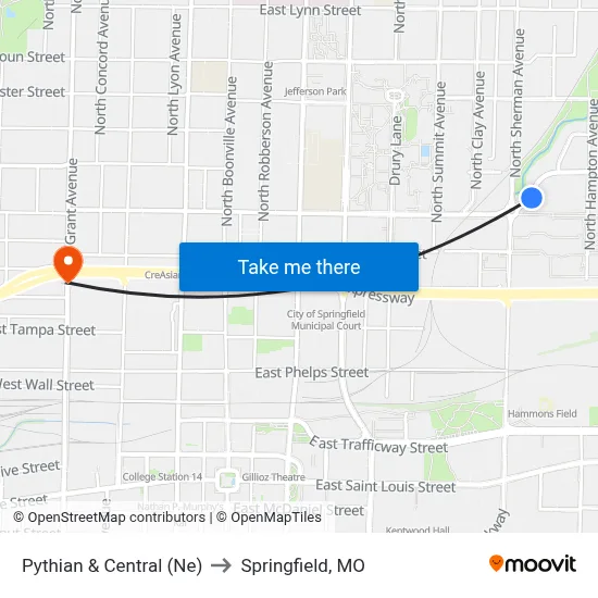 Pythian & Central (Ne) to Springfield, MO map