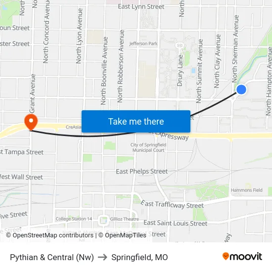 Pythian & Central (Nw) to Springfield, MO map