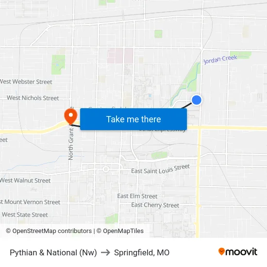 Pythian & National (Nw) to Springfield, MO map