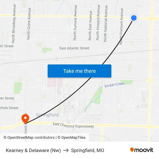 Kearney & Delaware (Nw) to Springfield, MO map