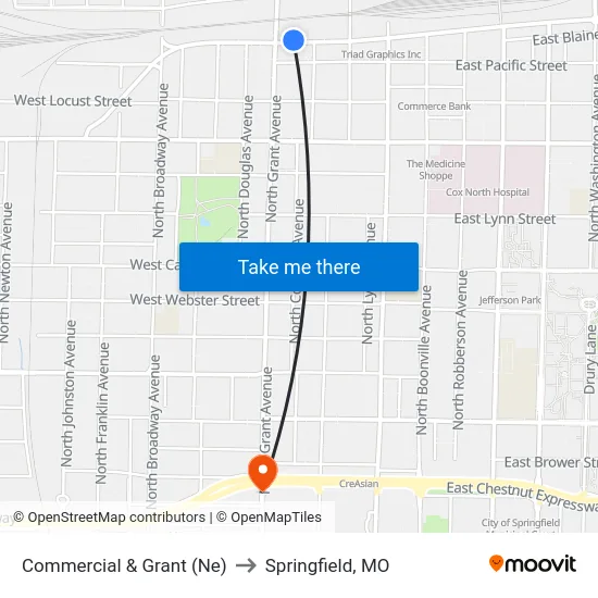 Commercial & Grant (Ne) to Springfield, MO map