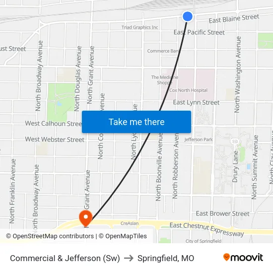Commercial & Jefferson (Sw) to Springfield, MO map
