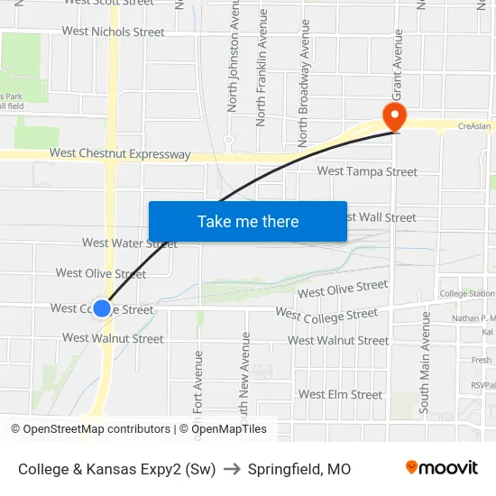 College & Kansas Expy2 (Sw) to Springfield, MO map