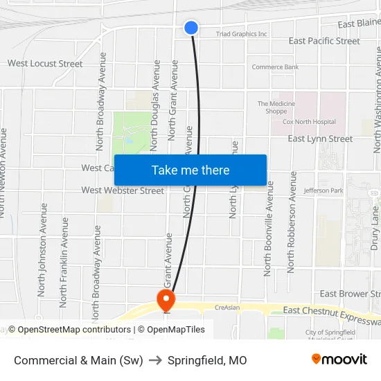 Commercial & Main (Sw) to Springfield, MO map