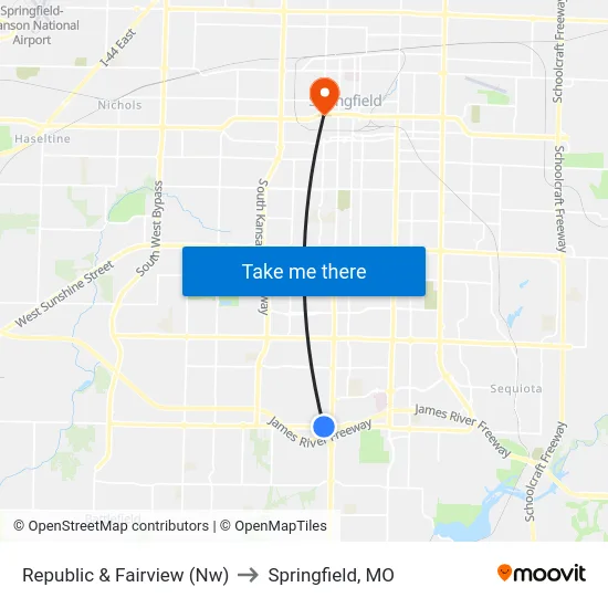 Republic & Fairview (Nw) to Springfield, MO map