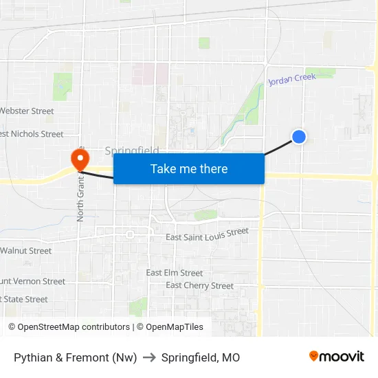 Pythian & Fremont (Nw) to Springfield, MO map