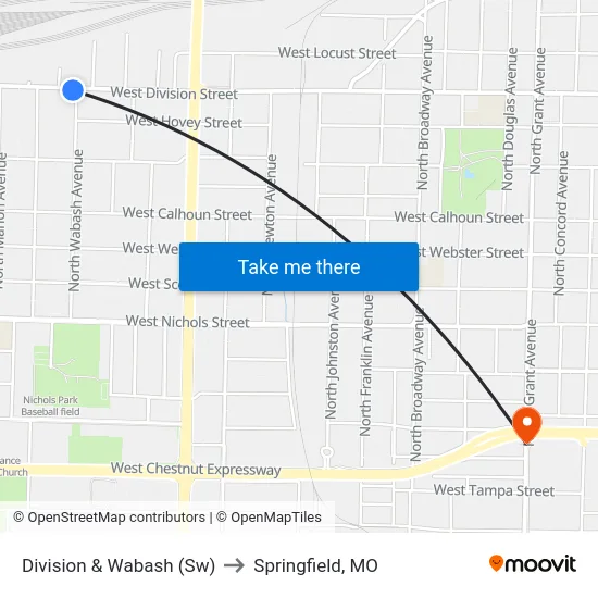 Division & Wabash (Sw) to Springfield, MO map