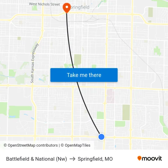 Battlefield & National (Nw) to Springfield, MO map