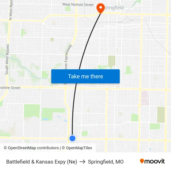 Battlefield & Kansas Expy (Ne) to Springfield, MO map