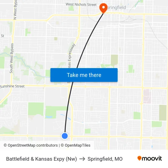 Battlefield & Kansas Expy (Nw) to Springfield, MO map