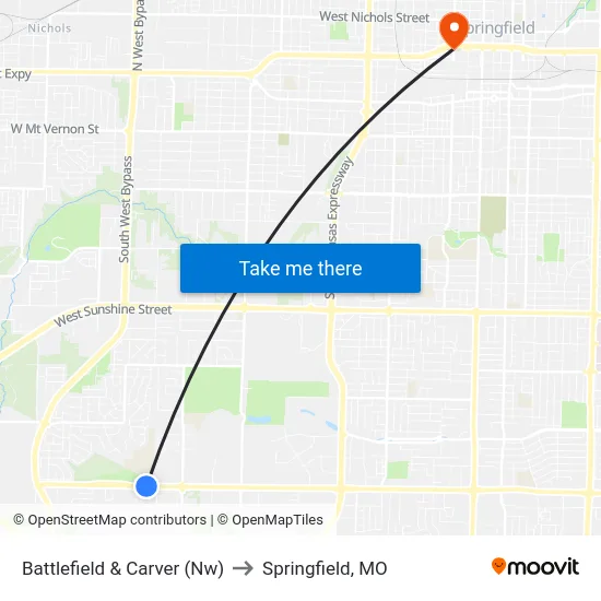 Battlefield & Carver (Nw) to Springfield, MO map