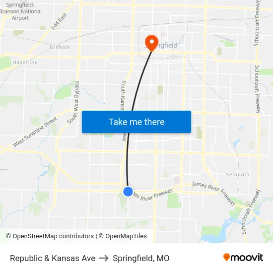 Republic & Kansas Ave to Springfield, MO map