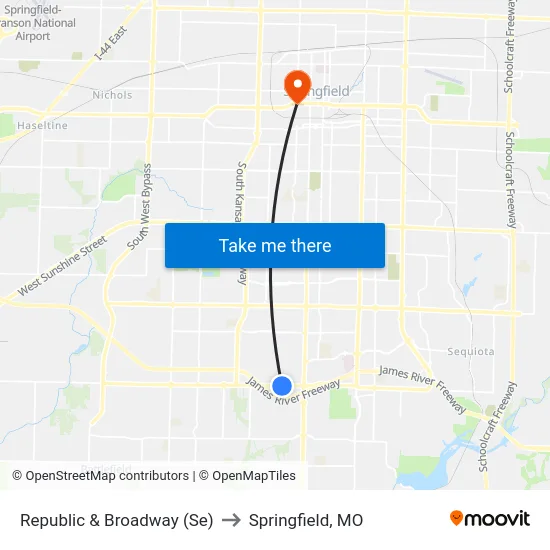 Republic & Broadway (Se) to Springfield, MO map