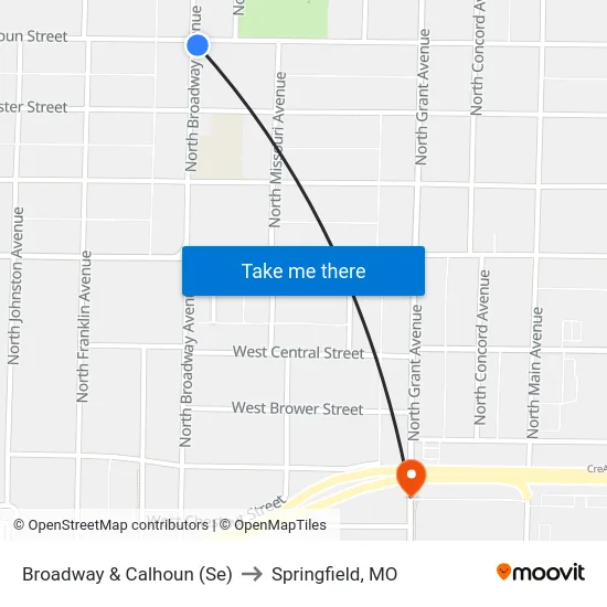 Broadway & Calhoun (Se) to Springfield, MO map