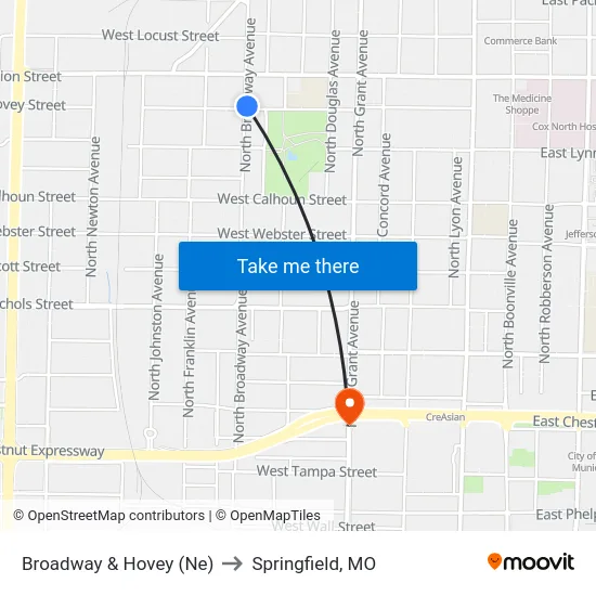 Broadway & Hovey (Ne) to Springfield, MO map