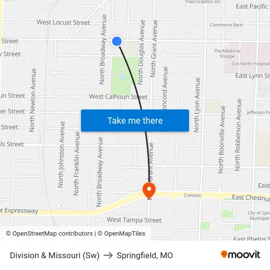 Division & Missouri (Sw) to Springfield, MO map