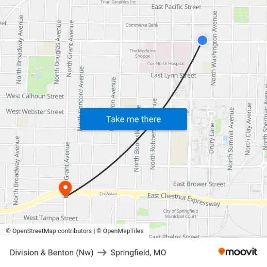 Division & Benton (Nw) to Springfield, MO map