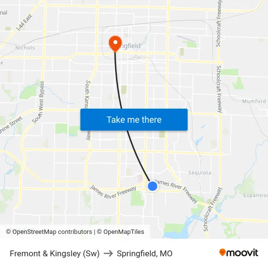 Fremont & Kingsley (Sw) to Springfield, MO map