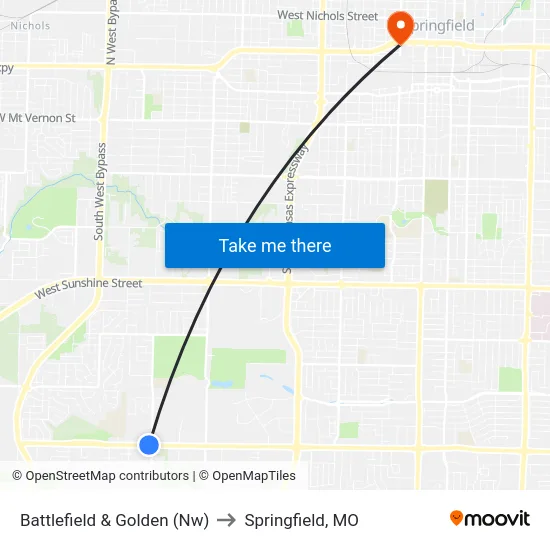 Battlefield & Golden (Nw) to Springfield, MO map