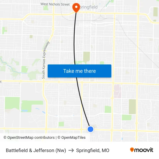 Battlefield & Jefferson (Nw) to Springfield, MO map