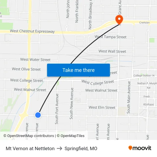 Mt Vernon at Nettleton to Springfield, MO map